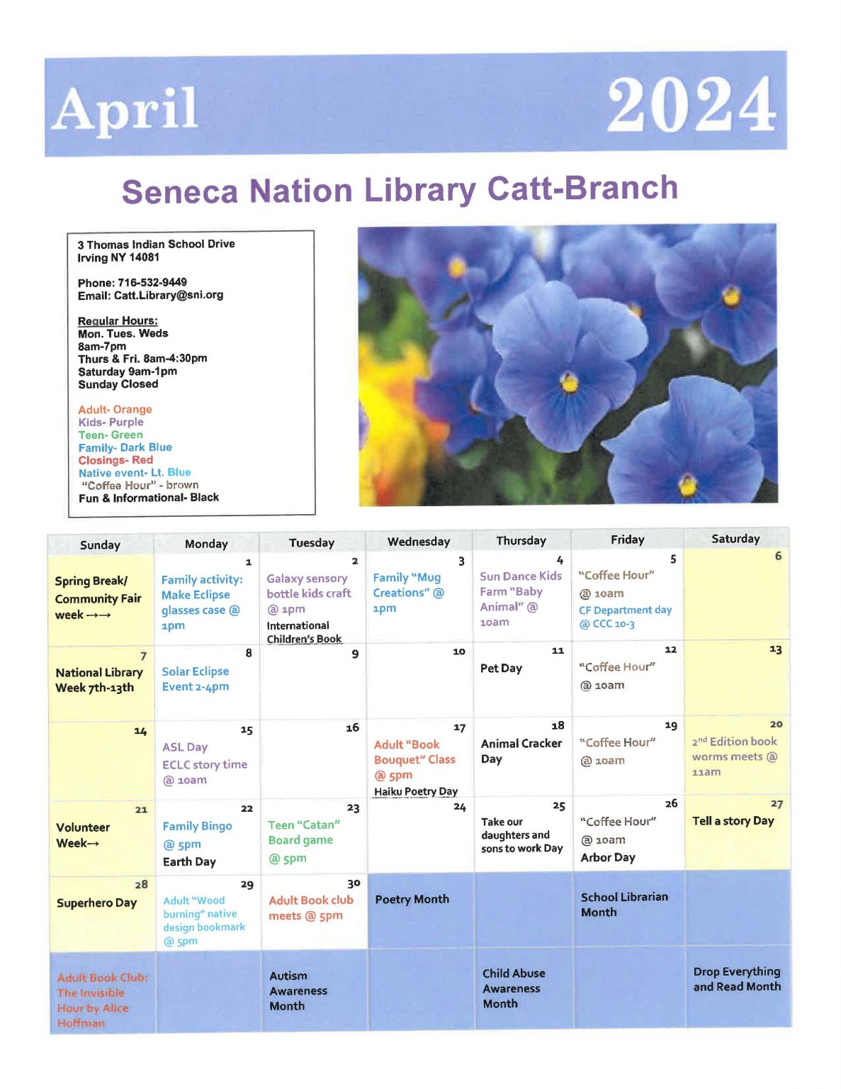 SNI Library Cattaraugus Branch April Calendar of Events SNI