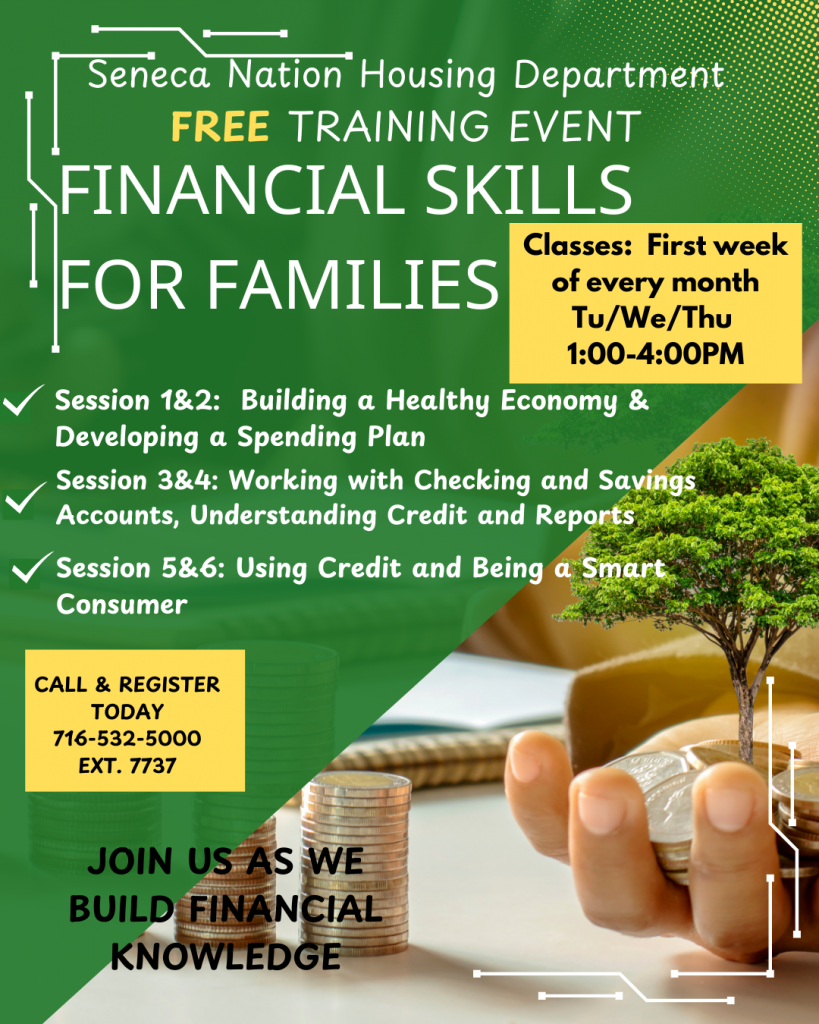 Financial skills for families free training event flyer through Seneca Nation Housing Department