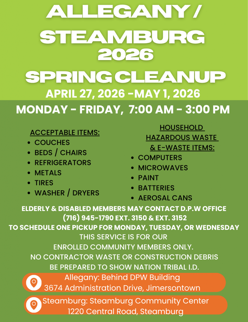 Allegany/Steamburg territory spring cleanup from April 27 to May 1, 2026