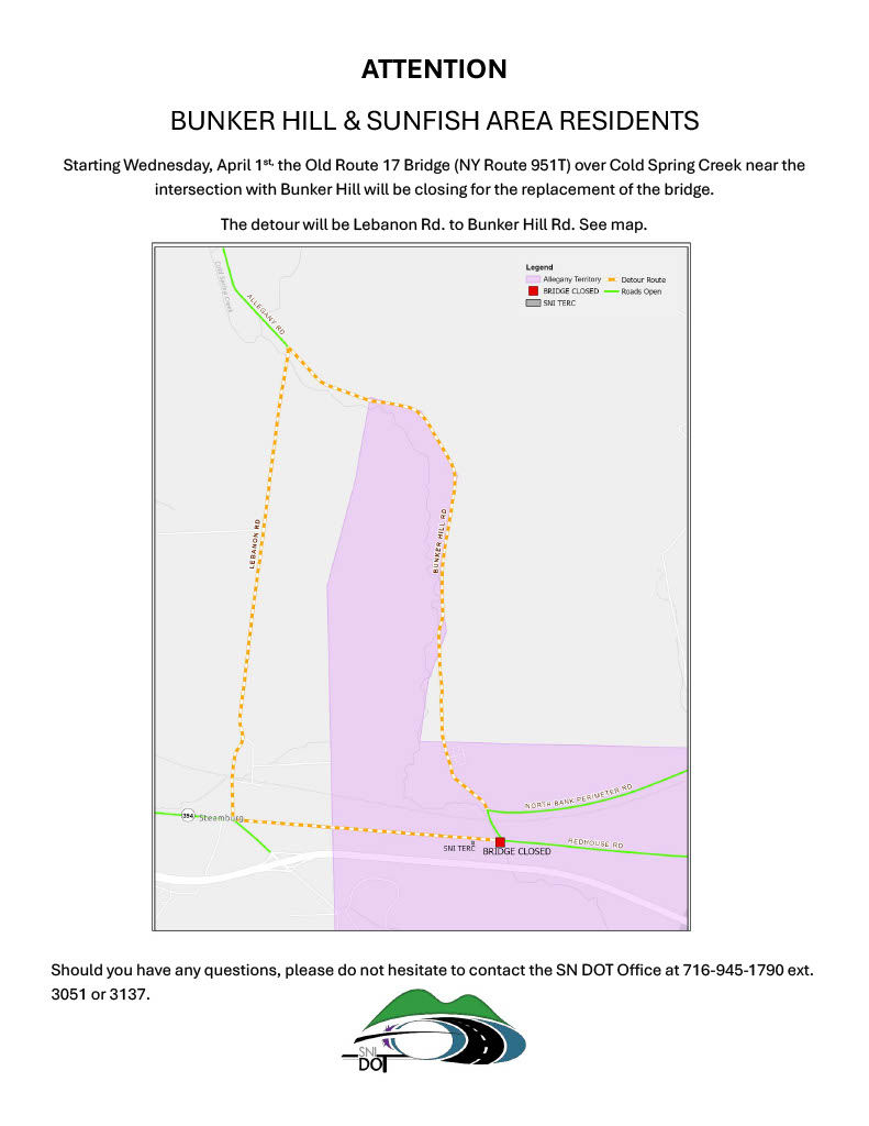 Allegany Territory Bunker Hill bridge closing detour map
