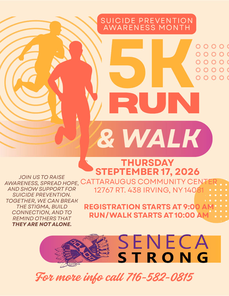 Seneca Strong Suicide prevention 5K/walk on September 17, 2026 at the CCC
