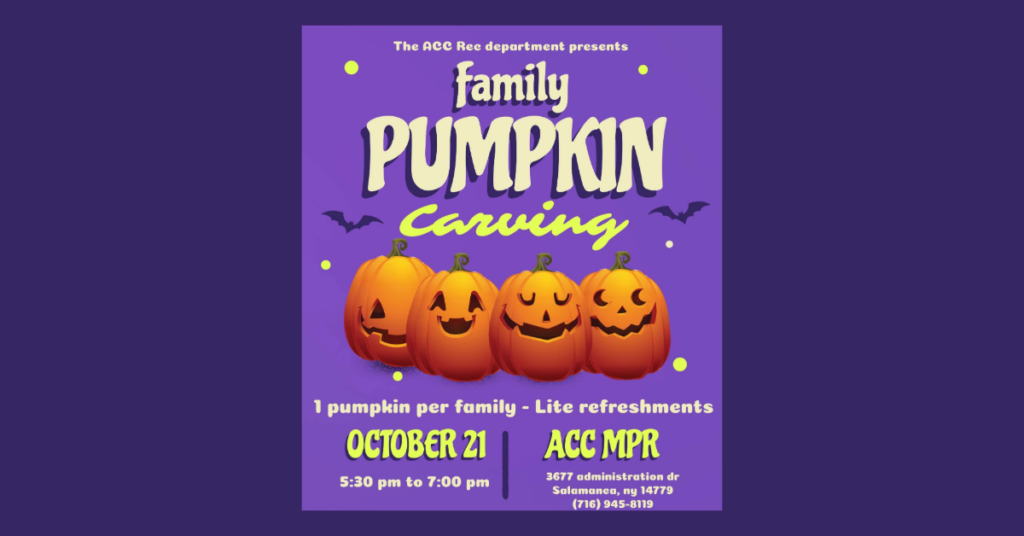 Enjoy a Family Pumpkin Carving event at the Allegany Community Center on October 21, 2026. One pumpkin per family and lite refreshments will be provided.