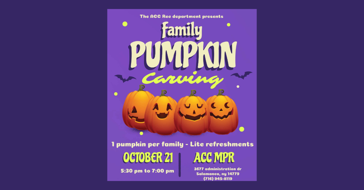 Enjoy a Family Pumpkin Carving event at the Allegany Community Center on October 21, 2026. One pumpkin per family and lite refreshments will be provided.