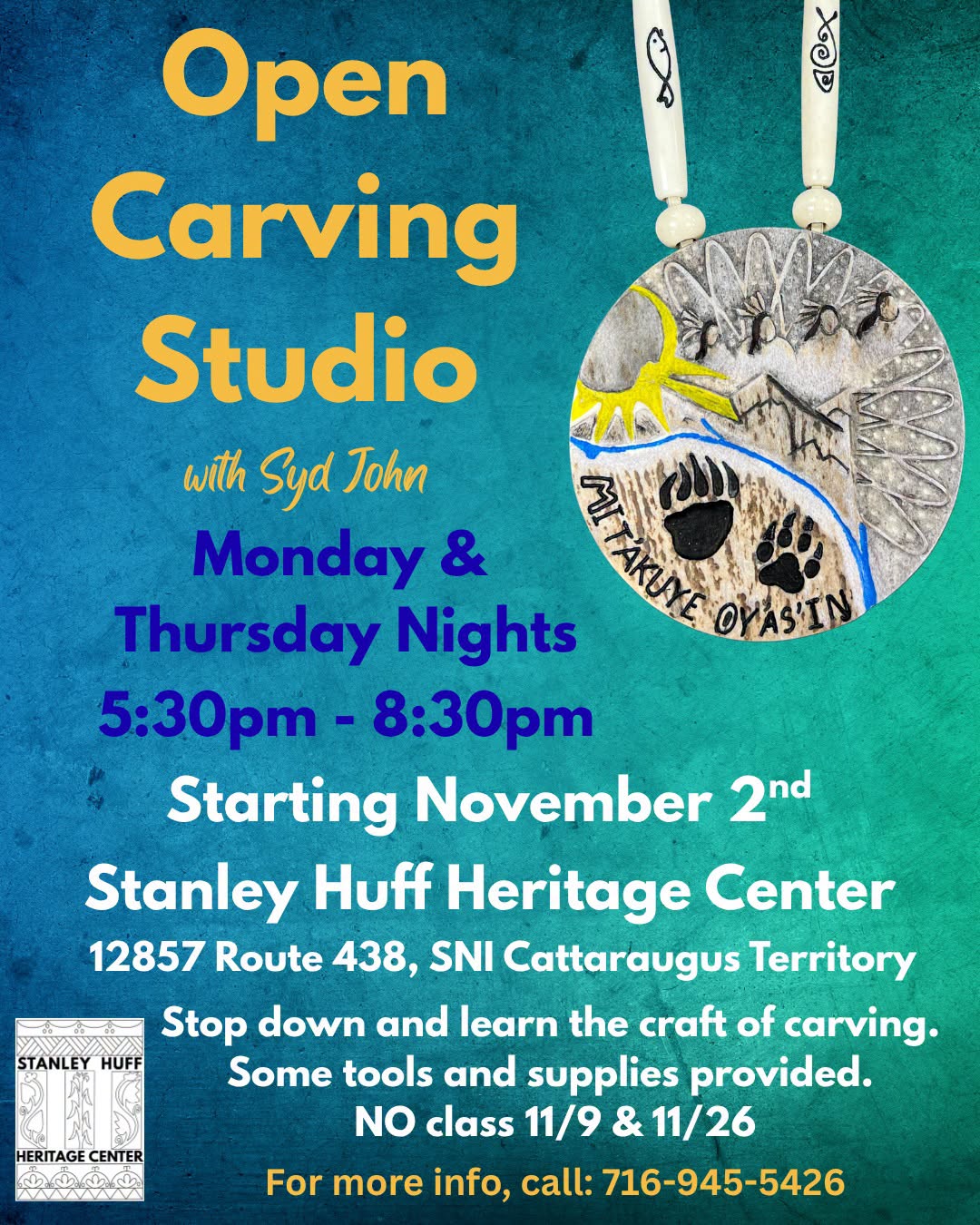 Open Carving Studio on Mondays and Thursdays at the Sully in Irving, NY Cattaraugus
